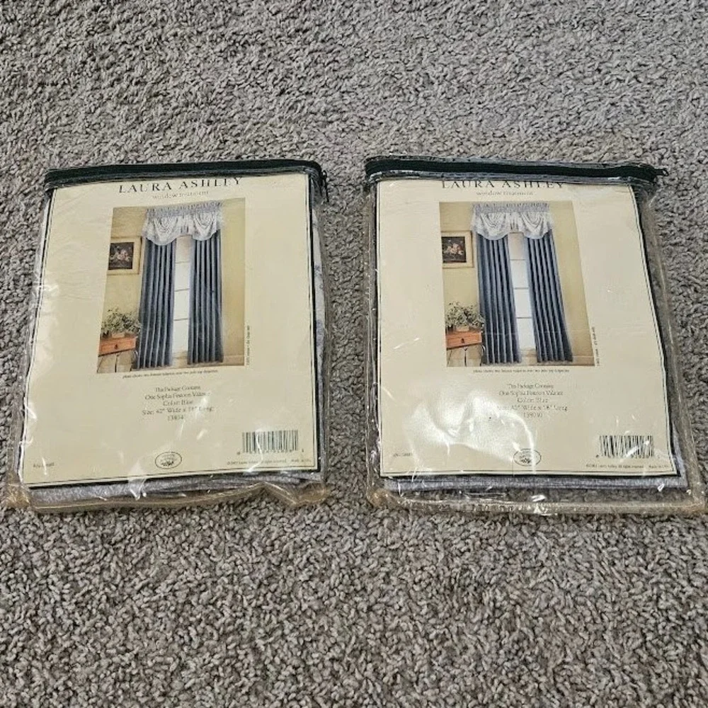 Laura Ashley Festoon Valance Blue Floral Toile Cotton 42x18 Set of 2 Cottagecore
